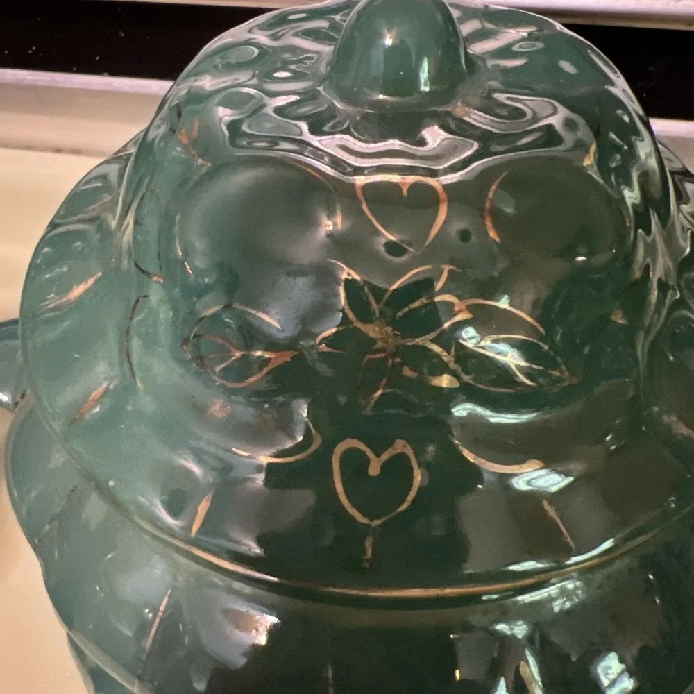 Vintage GCI Green Glazed Footed Candy Jar With Handles Hand Painted Gold Trim